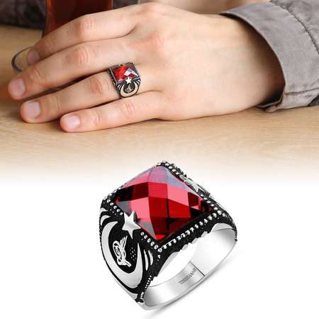 Tuğra ve Ayyıldız İşlemeli Kırmızı Zirkon Taşlı 925 Ayar Gümüş Yüzük - Tesbihane
