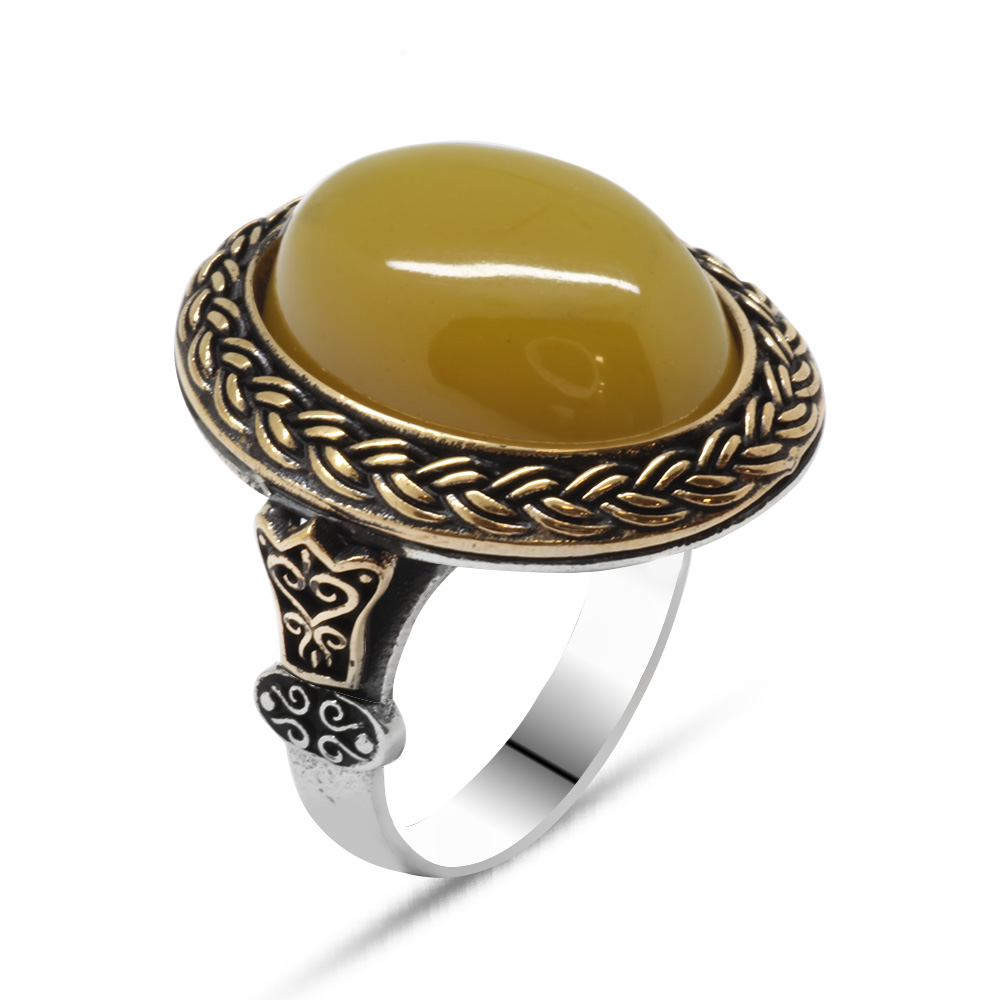 Sarı Ateş Kehribar Taşlı Oval Tasarım 925 Ayar Gümüş Erkek Yüzük - 1