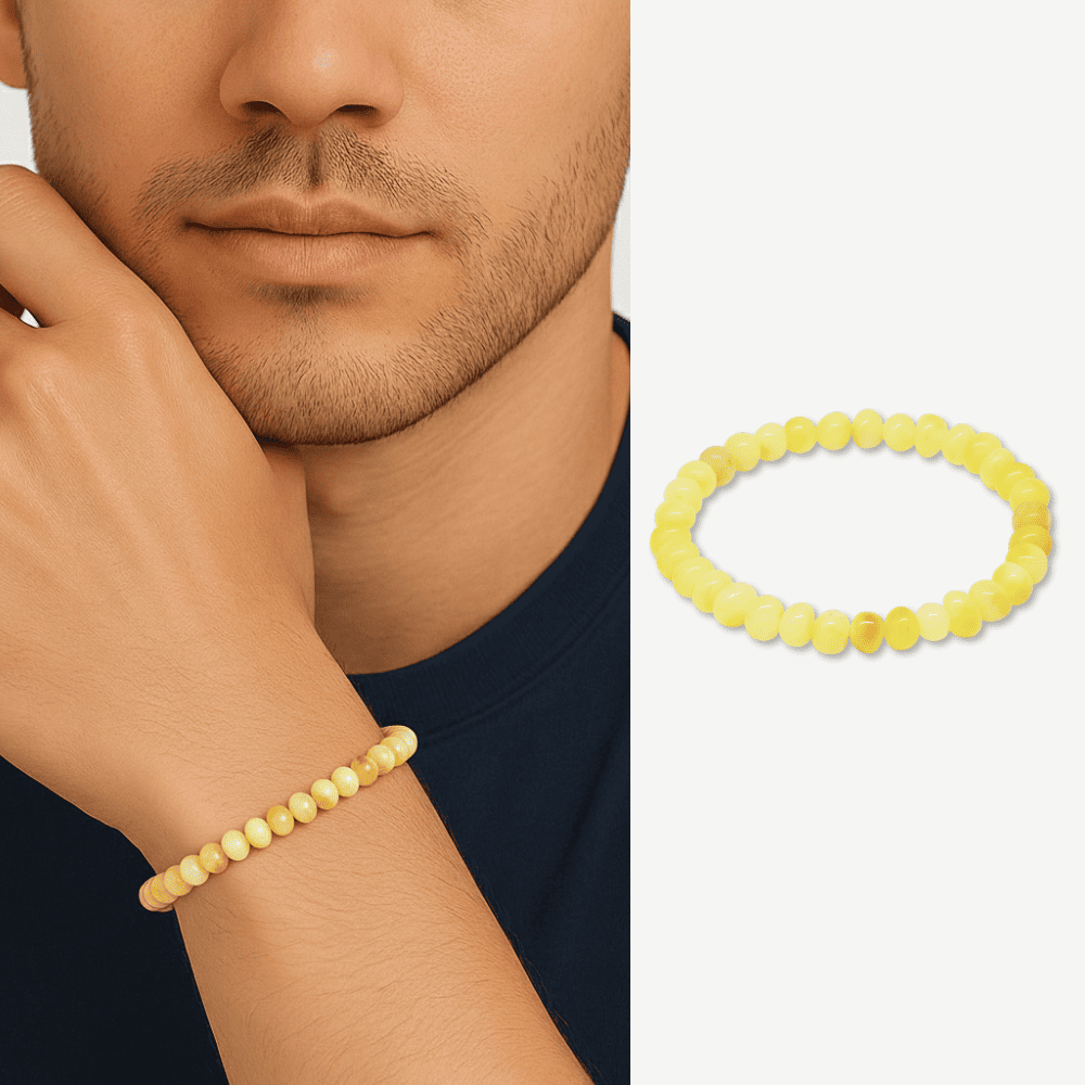 Sarı Beyaz Renk Natural Form Doğal Damla Kehribar Erkek Bileklik - 1