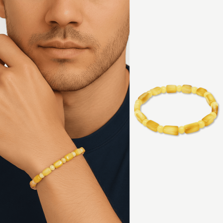 Sarı Beyaz Renk Silindir Kesim Doğal Damla Kehribar Erkek Bileklik - Tesbihane