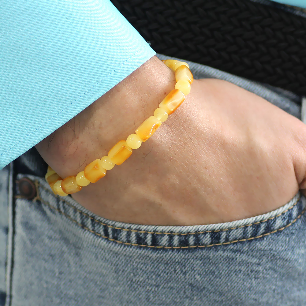 Sarı Beyaz Renk Silindir Kesim Doğal Damla Kehribar Erkek Bileklik - 7