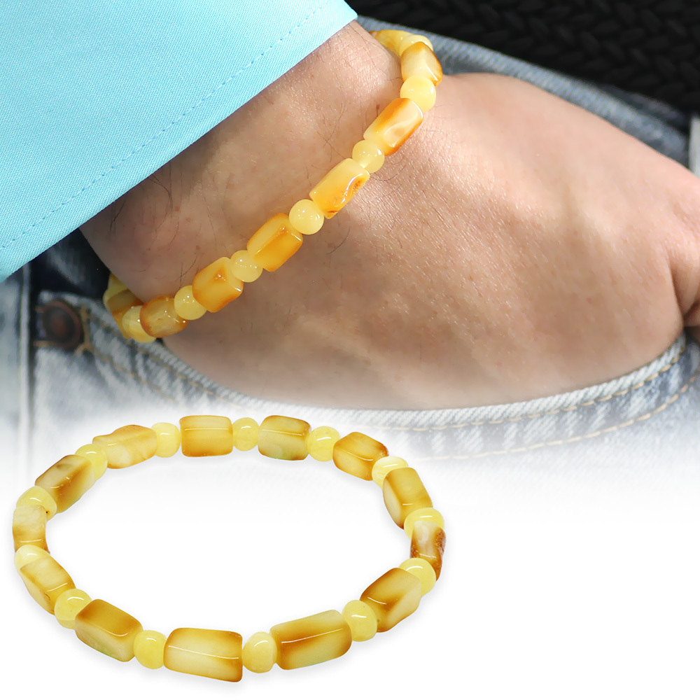 Sarı Beyaz Renk Silindir Kesim Doğal Damla Kehribar Erkek Bileklik - 5