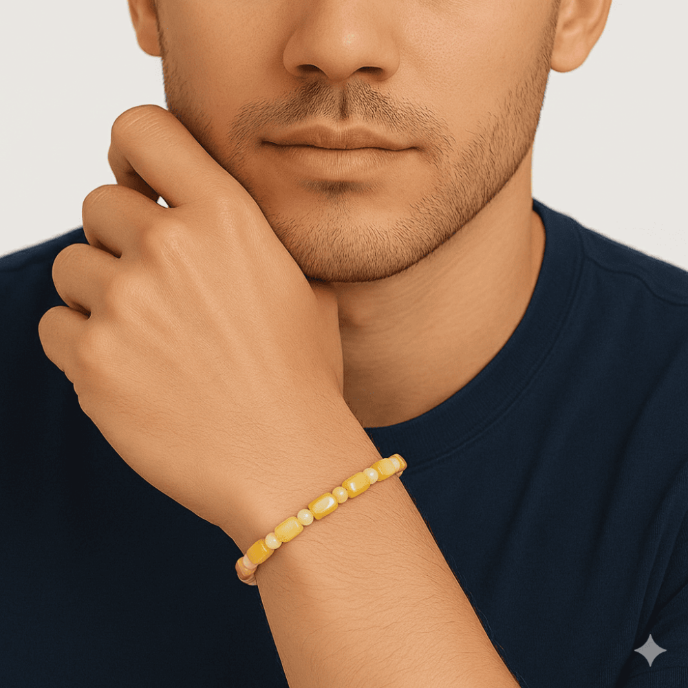 Sarı Beyaz Renk Silindir Kesim Doğal Damla Kehribar Erkek Bileklik - 2