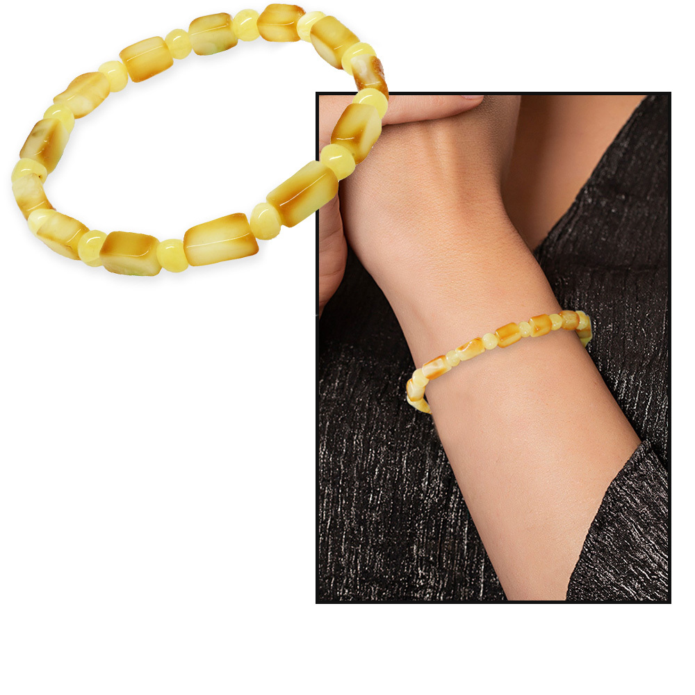 Sarı Beyaz Renk Silindir Kesim Doğal Damla Kehribar Kadın Bileklik - 5