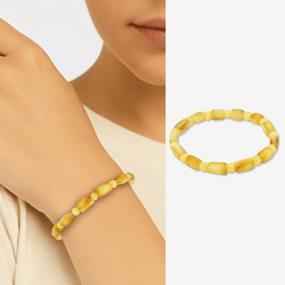 Sarı Beyaz Renk Silindir Kesim Doğal Damla Kehribar Kadın Bileklik - 1