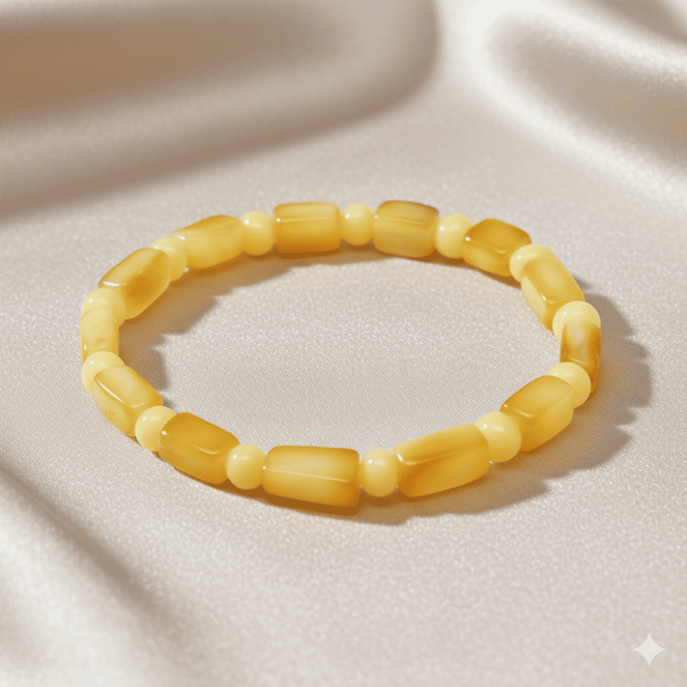 Sarı Beyaz Renk Silindir Kesim Doğal Damla Kehribar Kadın Bileklik - 3