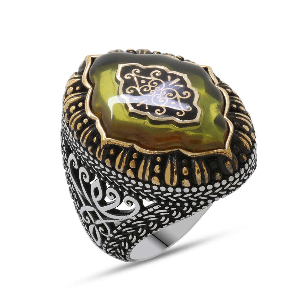 Sarı Kehribar İçine Selçuklu Deseni Motifli 925 Ayar Gümüş Erkek Yüzük - 4