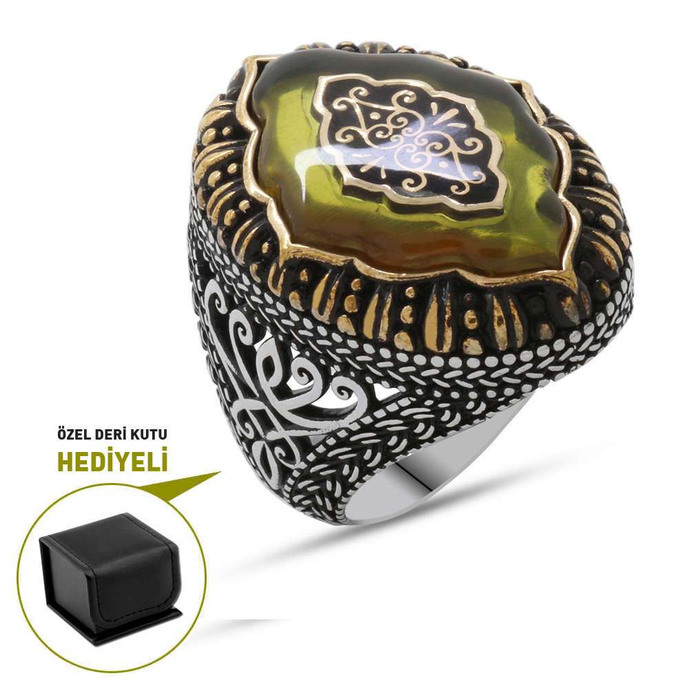 Sarı Kehribar İçine Selçuklu Deseni Motifli 925 Ayar Gümüş Erkek Yüzük - 3