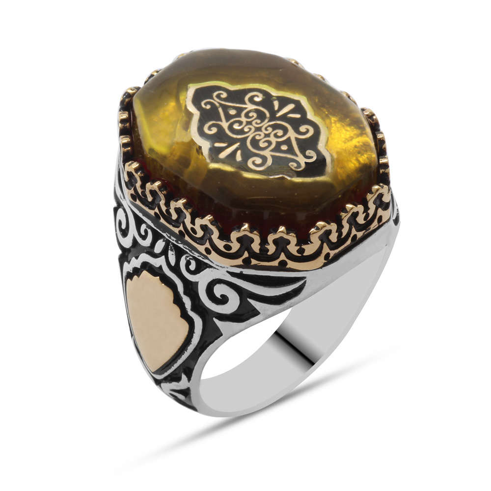 Sarı Kehribar İçine Selçuklu Deseni Motifli Sekizgen 925 Ayar Gümüş Erkek Yüzük - 3