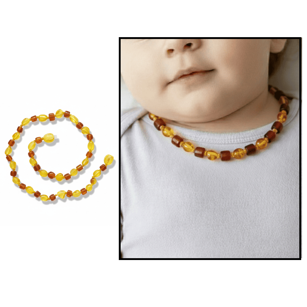 Sarı Kırmızı Renk Doğal Form Damla Kehribar Taşlı Bebek Diş Kolyesi - 1