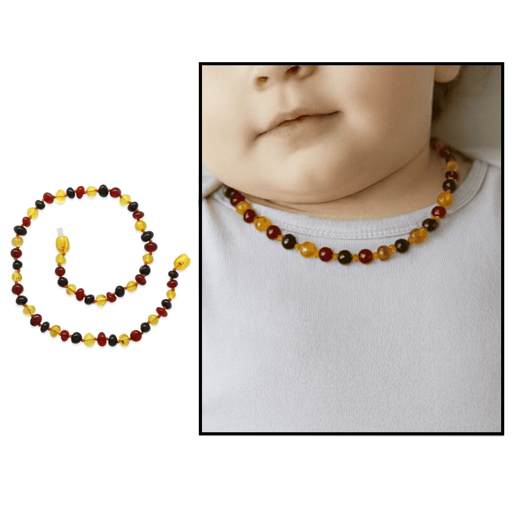 Sarı Kırmızı Renk Natural Form Doğal Damla Kehribar Taşlı Bebek Diş Kolyesi - 1