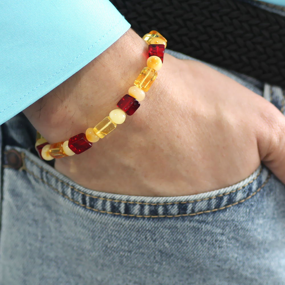 Sarı Kırmızı Silindir Küp Kesim Doğal Damla Kehribar Erkek Bileklik - 7