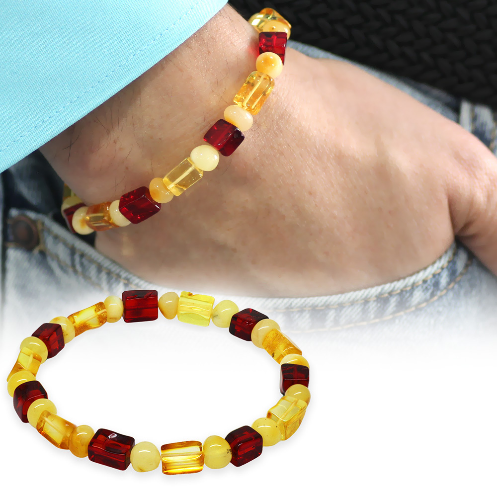 Sarı Kırmızı Silindir Küp Kesim Doğal Damla Kehribar Erkek Bileklik - 5