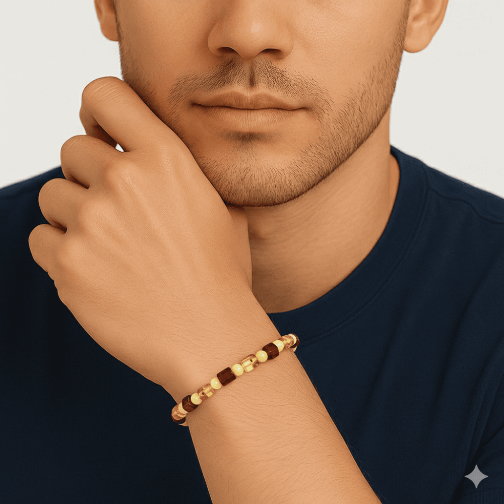 Sarı Kırmızı Silindir Küp Kesim Doğal Damla Kehribar Erkek Bileklik - 2