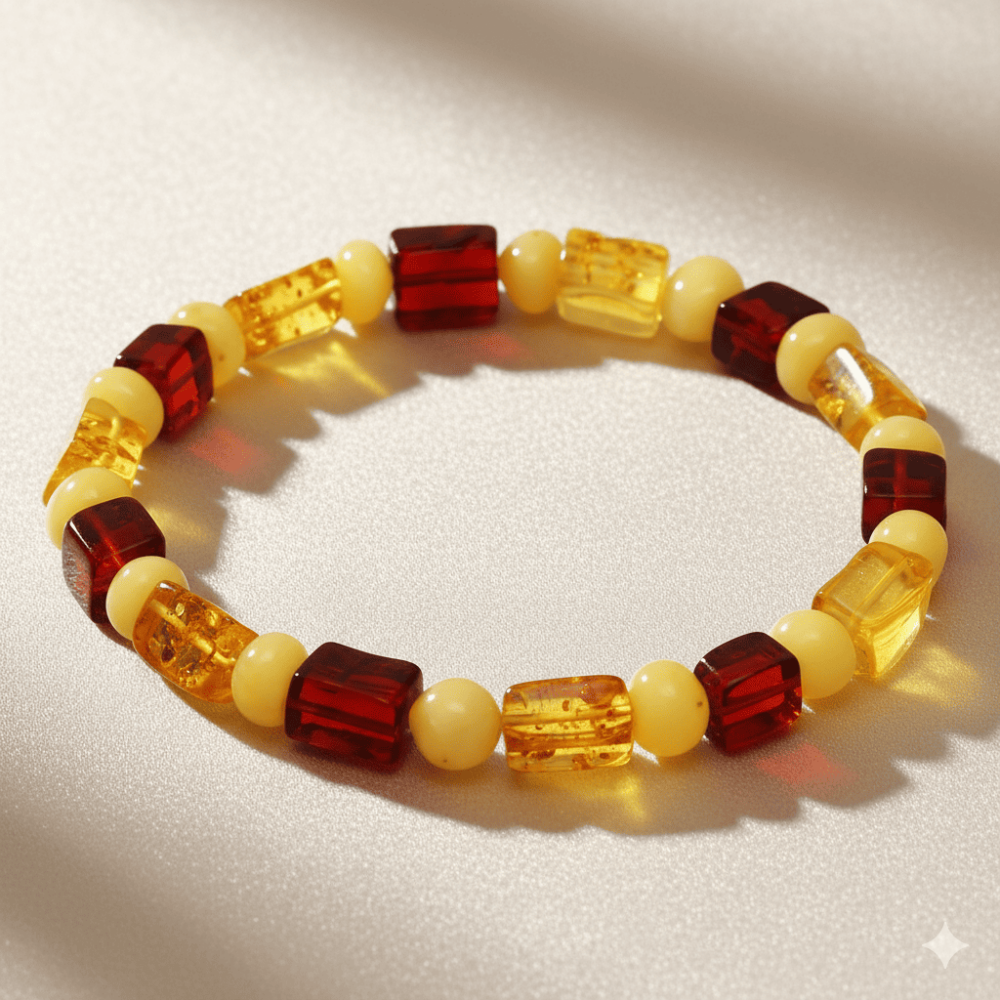 Sarı Kırmızı Silindir Küp Kesim Doğal Damla Kehribar Erkek Bileklik - 3