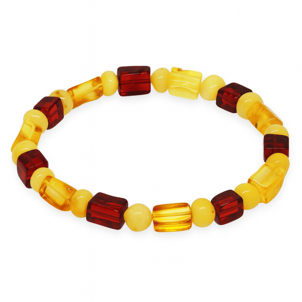 Sarı Kırmızı Silindir Küp Kesim Doğal Damla Kehribar Erkek Bileklik - 4