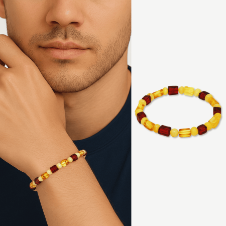 Sarı Kırmızı Silindir Küp Kesim Doğal Damla Kehribar Erkek Bileklik - Tesbihane