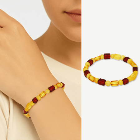 Sarı Kırmızı Silindir Küp Kesim Doğal Damla Kehribar Kadın Bileklik - Tesbihane