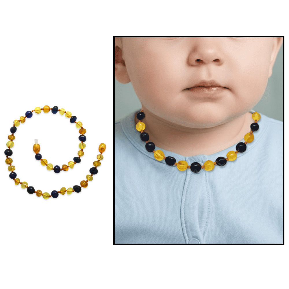 Sarı Lacivert Renk Natural Form Doğal Damla Kehribar Taşlı Bebek Diş Kolyesi - 1