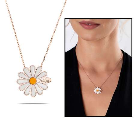 Sarı Mineli Bir Yaprağına Kişiye Özel İsim Yazılı Rose Renk 925 Ayar Gümüş Papatya Kolye - Tesbihane