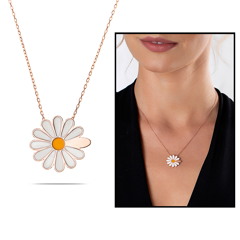 Sarı Mineli Bir Yaprağına Kişiye Özel İsim Yazılı Rose Renk 925 Ayar Gümüş Papatya Kolye - 6