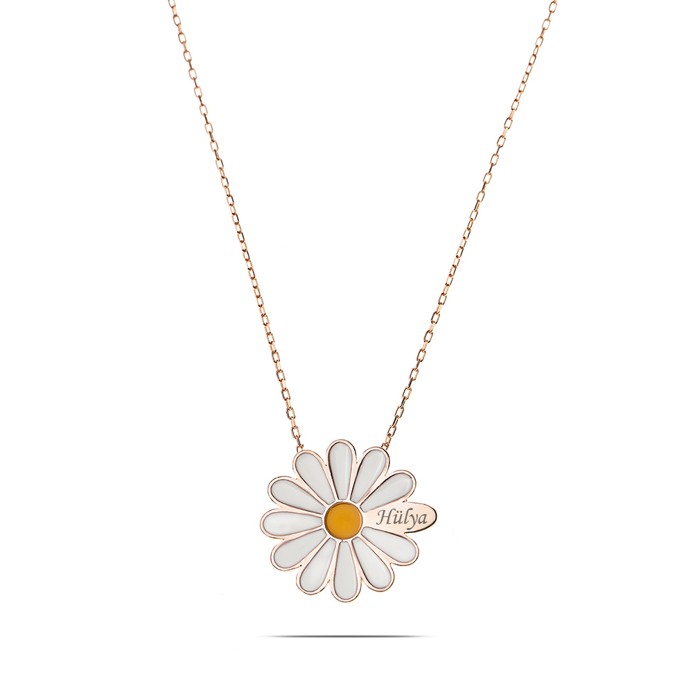 Sarı Mineli Bir Yaprağına Kişiye Özel İsim Yazılı Rose Renk 925 Ayar Gümüş Papatya Kolye - 5