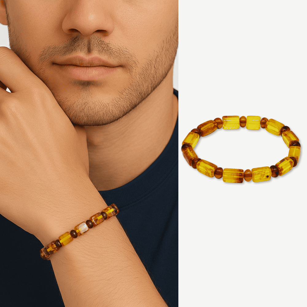 Sarı Soft Kırmızı Silindir Kesim Doğal Damla Kehribar Erkek Bileklik - 1