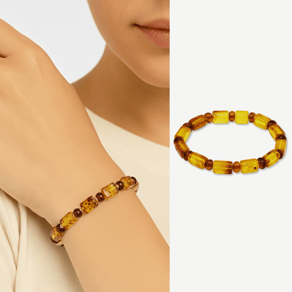 Sarı Soft Kırmızı Silindir Kesim Doğal Damla Kehribar Kadın Bileklik - 1