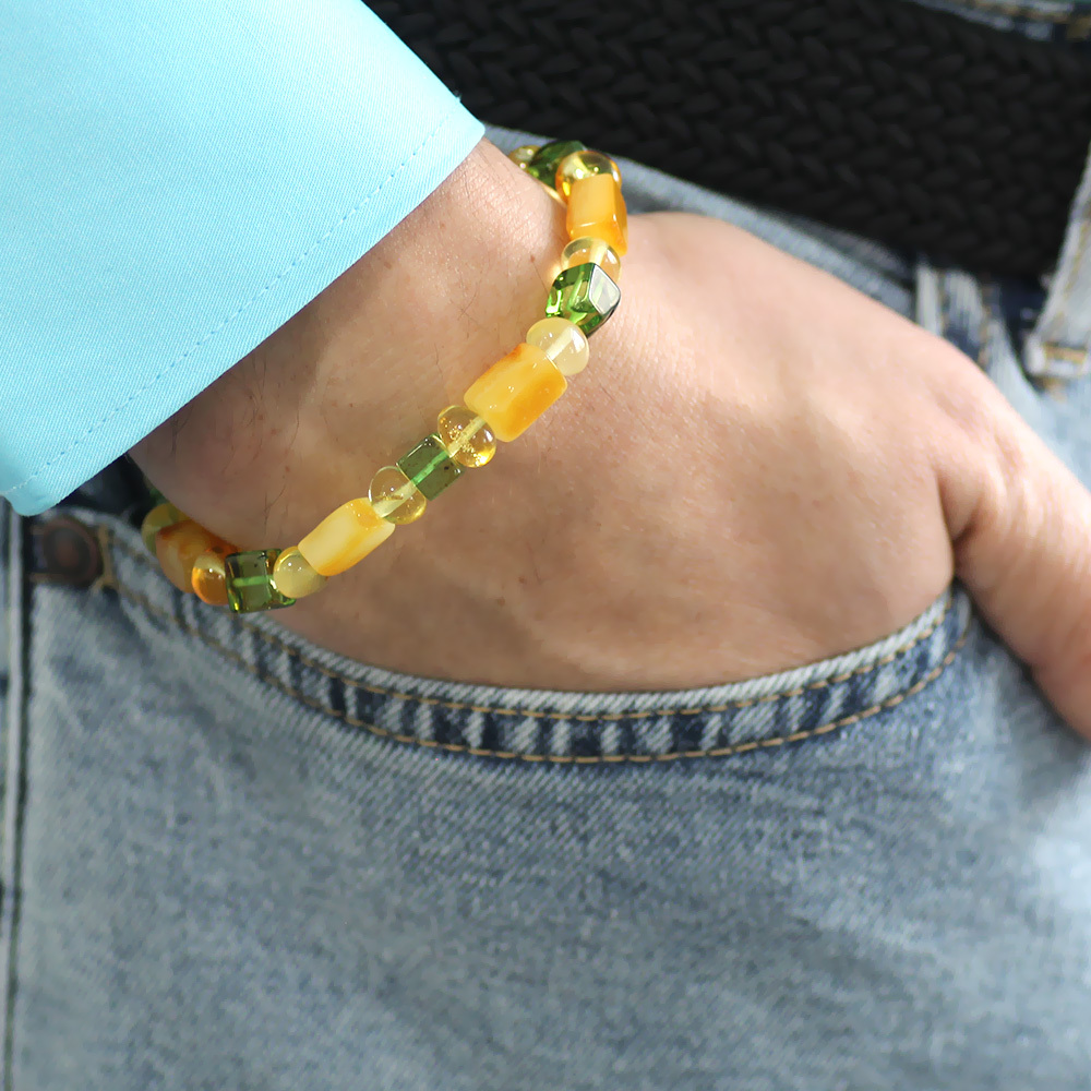 Sarı Yeşil Silindir Küp Kesim Doğal Damla Kehribar Erkek Bileklik - 7