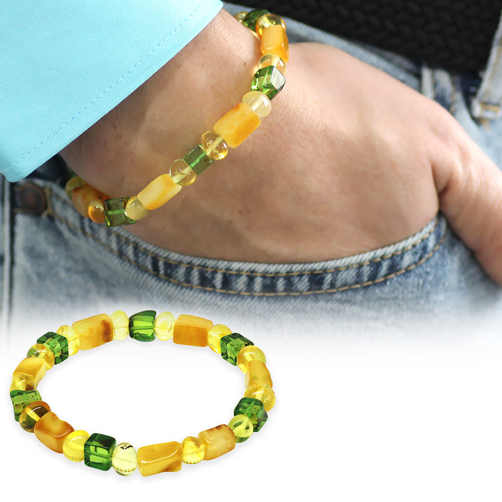 Sarı Yeşil Silindir Küp Kesim Doğal Damla Kehribar Erkek Bileklik - 5