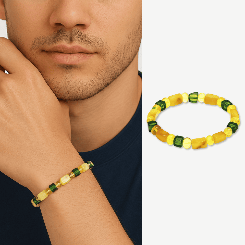 Sarı Yeşil Silindir Küp Kesim Doğal Damla Kehribar Erkek Bileklik - 1