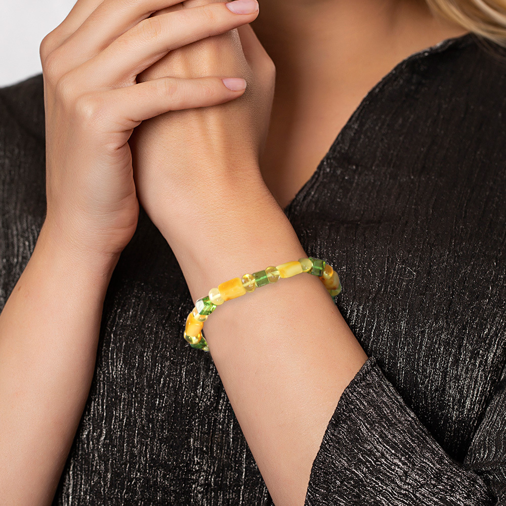 Sarı Yeşil Silindir Küp Kesim Doğal Damla Kehribar Kadın Bileklik - 7