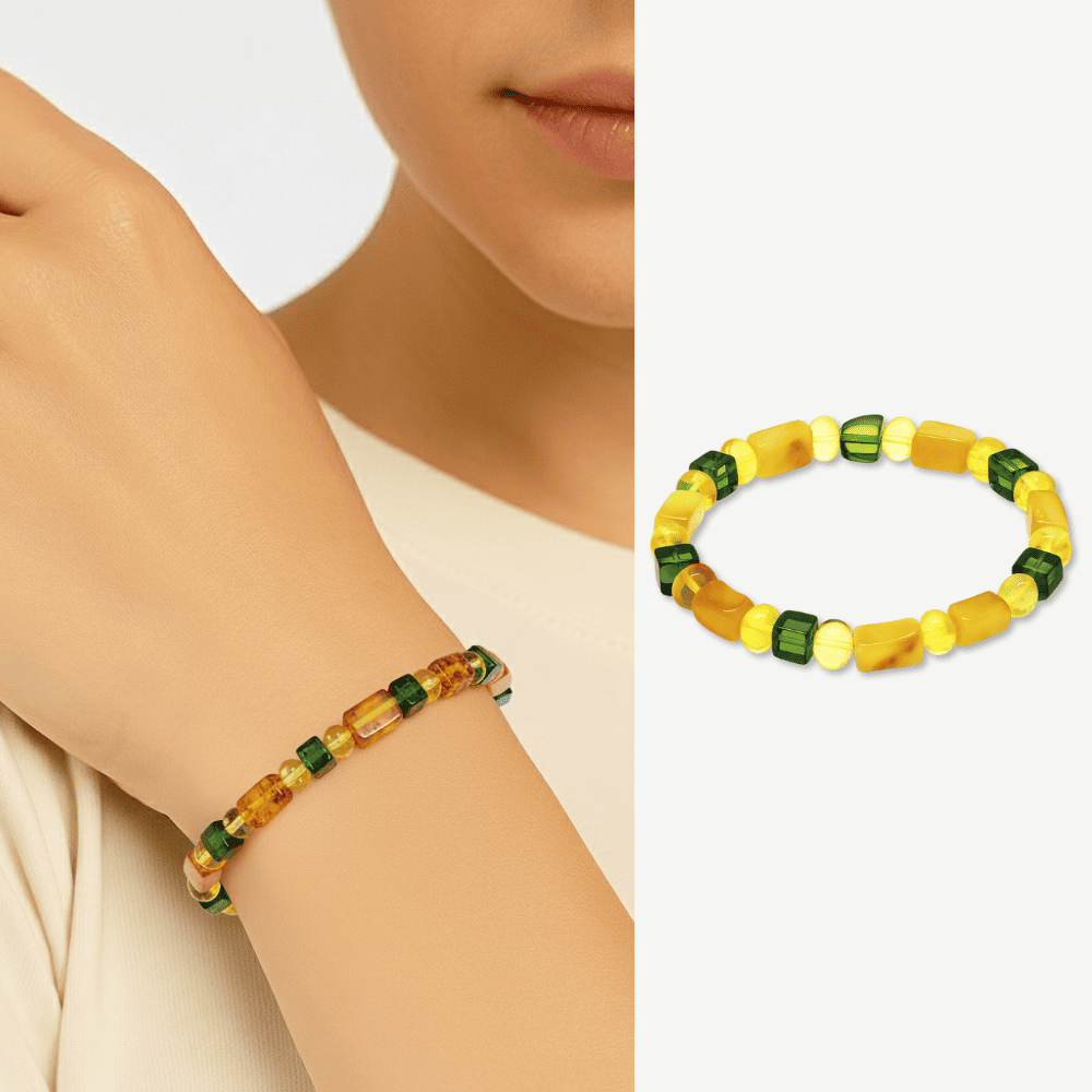 Sarı Yeşil Silindir Küp Kesim Doğal Damla Kehribar Kadın Bileklik - 1