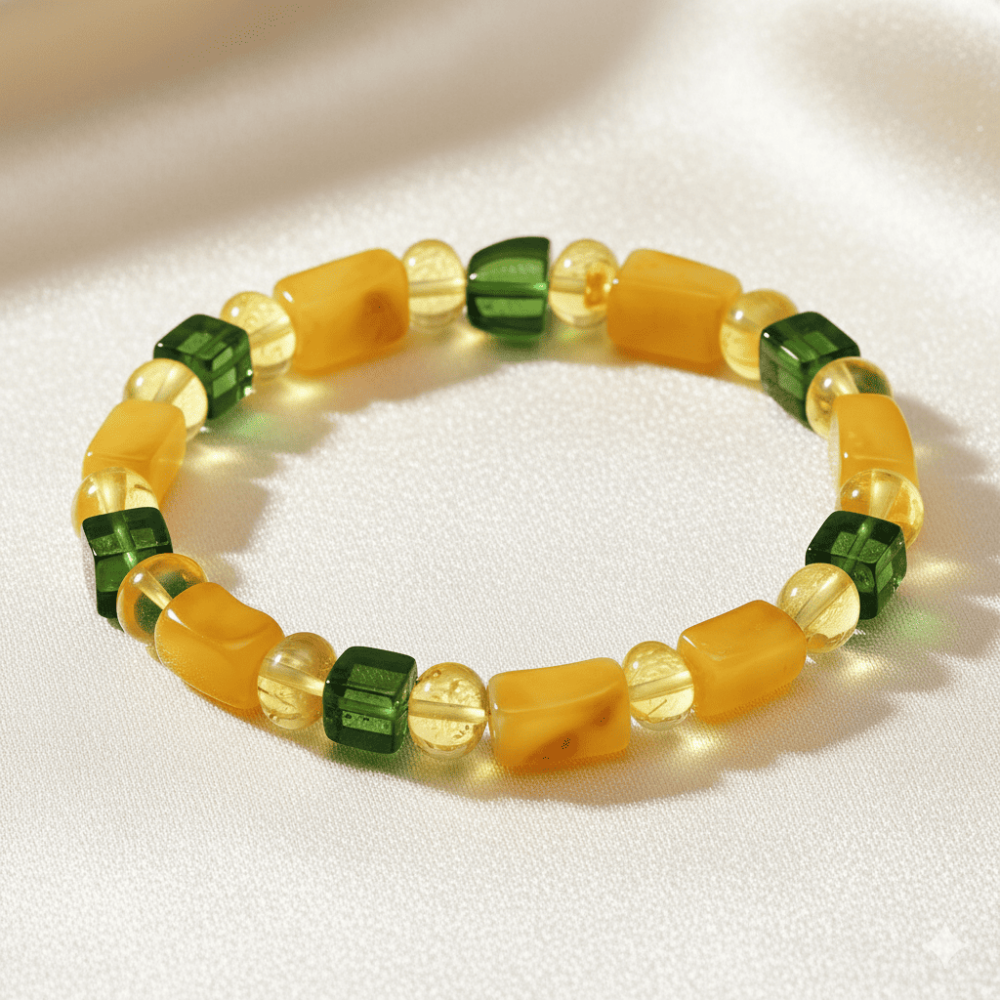 Sarı Yeşil Silindir Küp Kesim Doğal Damla Kehribar Kadın Bileklik - 3