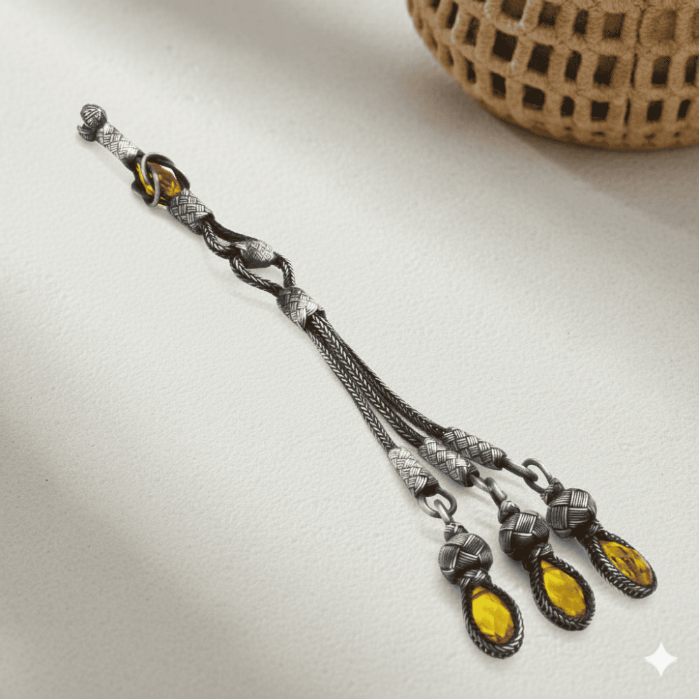 Sarı Zirkon Taşlı 3 lü Uzun Model 1000 Ayar Gümüş Kazaz Püskül - 1