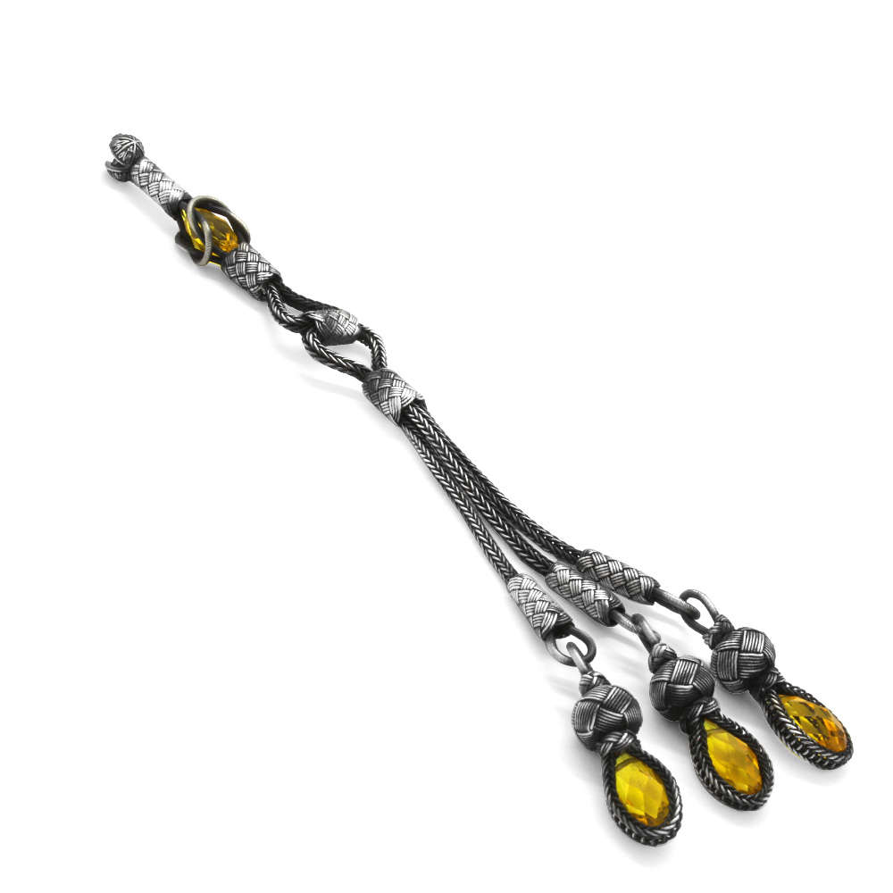 Sarı Zirkon Taşlı 3 lü Uzun Model 1000 Ayar Gümüş Kazaz Püskül - 2