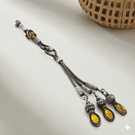 Sarı Zirkon Taşlı 3 lü Uzun Model 1000 Ayar Gümüş Kazaz Püskül - Tesbihane