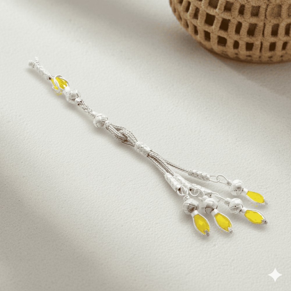 Sarı Zirkon Taşlı Uzun Model Beyaz Renk 4 lü 1000 Ayar Gümüş Kazaz Püskül - 1