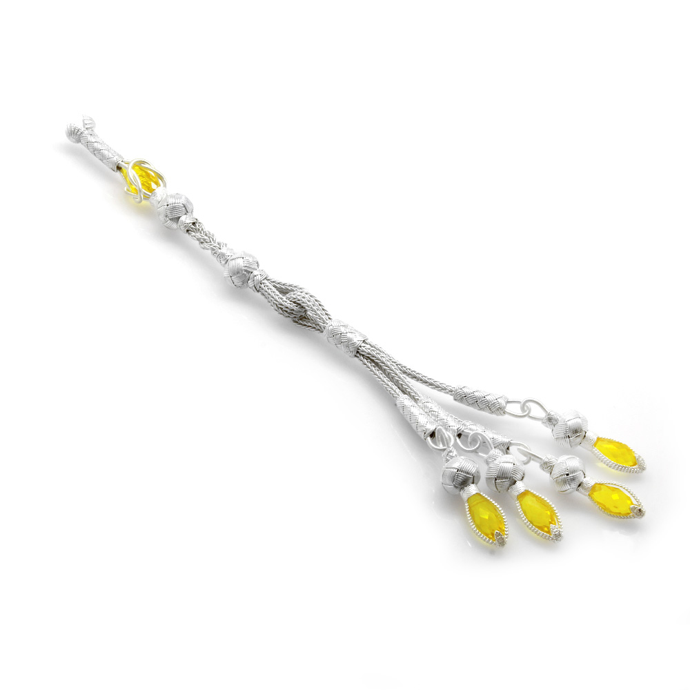 Sarı Zirkon Taşlı Uzun Model Beyaz Renk 4 lü 1000 Ayar Gümüş Kazaz Püskül - 2