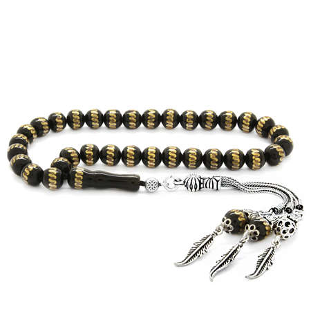 925 Ayar Gümüş Püsküllü Pirinç Sarmal İşlemeli Rus Oltu Tesbih - Tesbihane