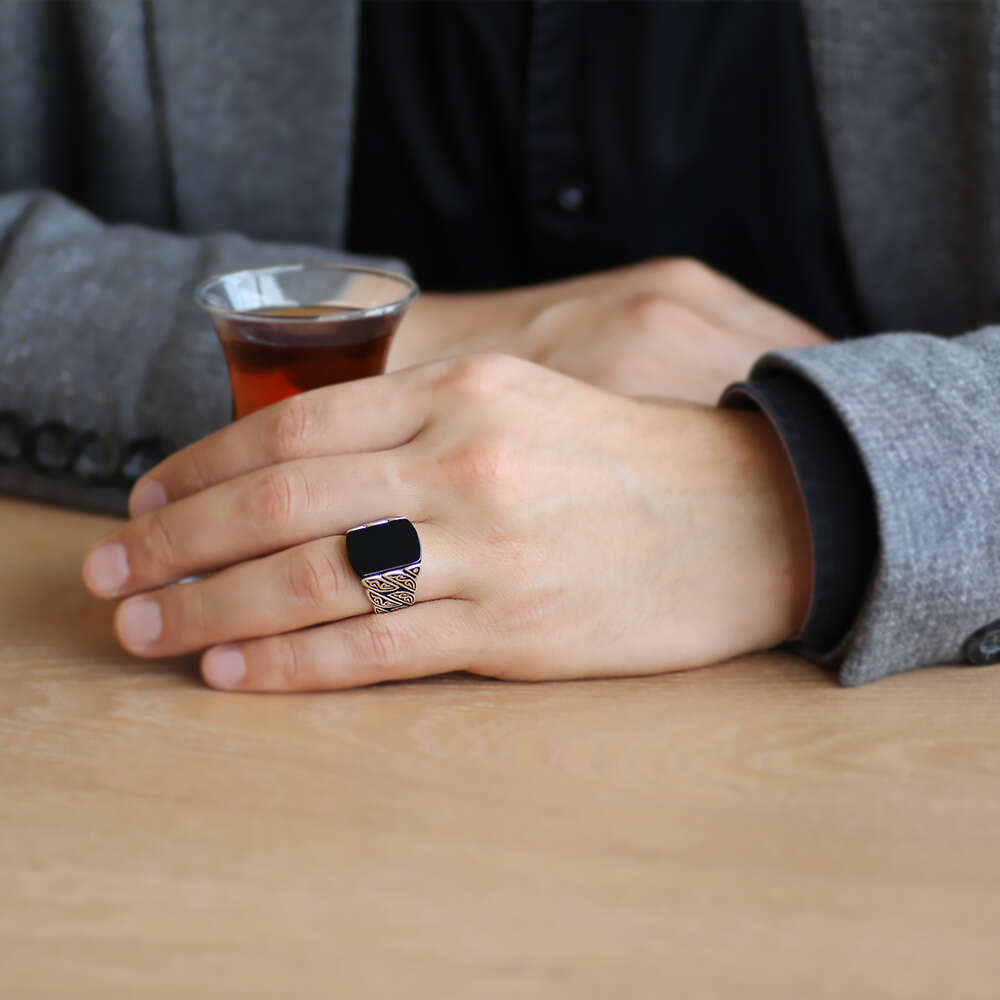 Sarmaşık Tasarım Siyah Oniks Taşlı 925 Ayar Gümüş Erkek Yüzük - 2