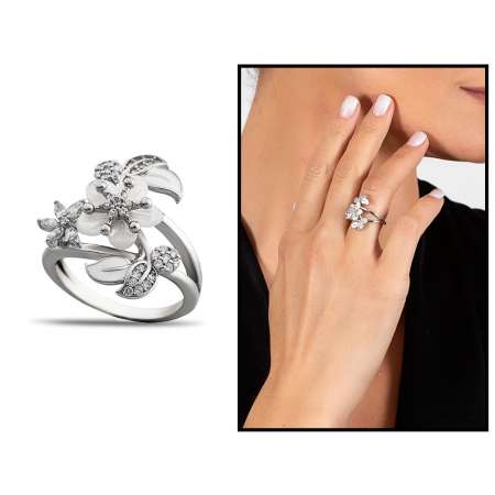 Sedef Taşlı Kır Çiçeği Tasarım Yaprak Detaylı 925 Ayar Gümüş Kadın Yüzük - Tesbihane