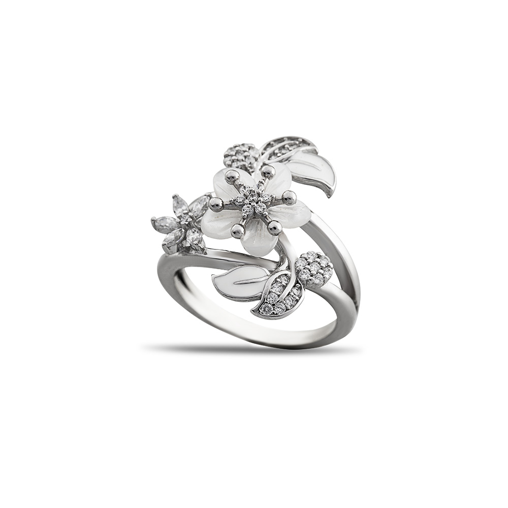 Sedef Taşlı Kır Çiçeği Tasarım Yaprak Detaylı 925 Ayar Gümüş Kadın Yüzük - 5