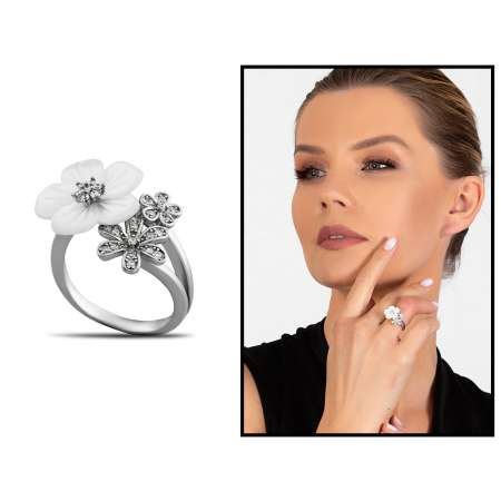 Sedef Taşlı Yonca Yaprağı Tasarım 925 Ayar Gümüş Kadın Yüzük - Tesbihane