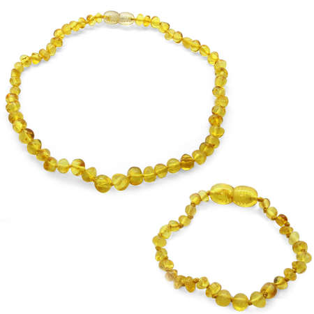 Şeffaf Açık Sarı Doğal Damla Kehribar Taşlı Bebek Diş Kolye-Bileklik Seti - Tesbihane