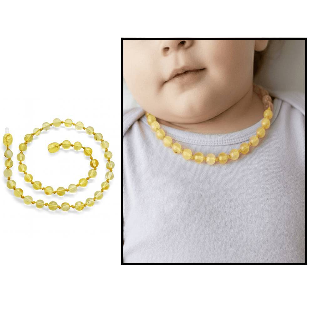 Şeffaf Açık Sarı Doğal Damla Kehribar Taşlı Bebek Diş Kolyesi - 1