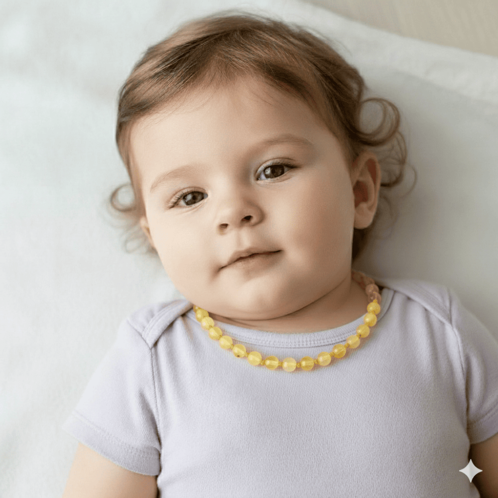 Şeffaf Açık Sarı Doğal Damla Kehribar Taşlı Bebek Diş Kolyesi - 2