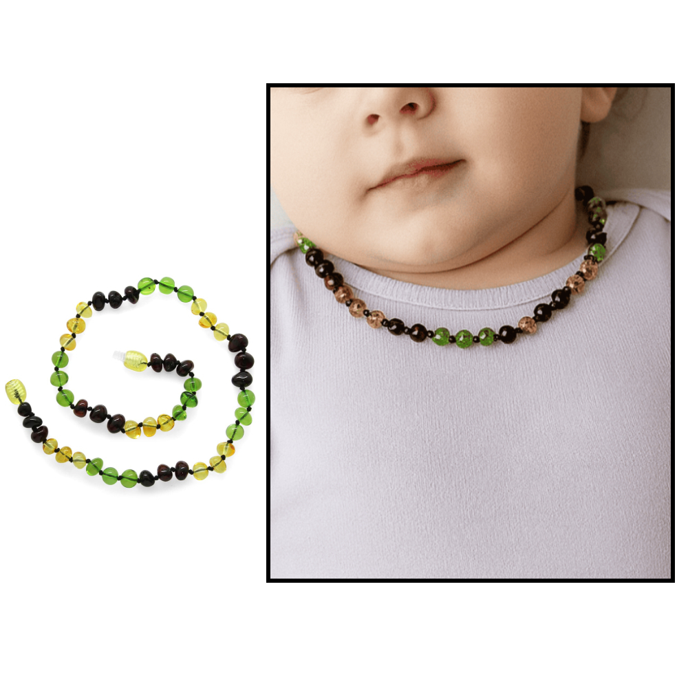 Şeffaf Yeşil Kırmızı Renkli Özel Seri Naturel Damla Kehribar Taşlı Bebek Diş Kolyesi - 1