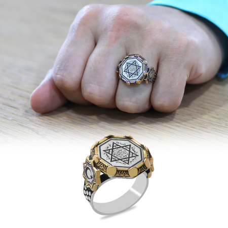 Sekizgen Tasarım Mührü Süleyman Duası İşlemeli Kenarları Ayyıldız Detaylı 925 Ayar Gümüş Erkek Yüzük - Tesbihane