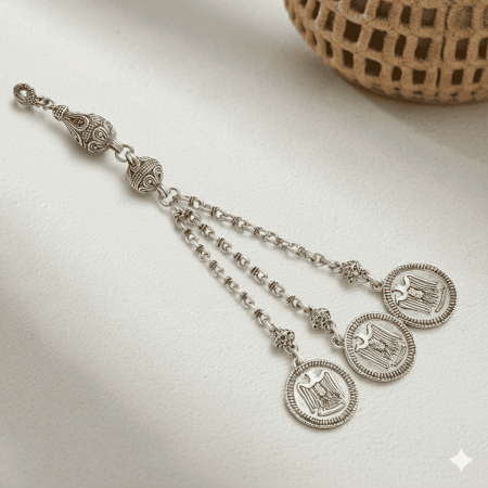 Selçuklu Kartalı Temalı Gümüş Renk Doch Zincirli Üç Kamçılı Kararmaz Metal Püskül - Tesbihane